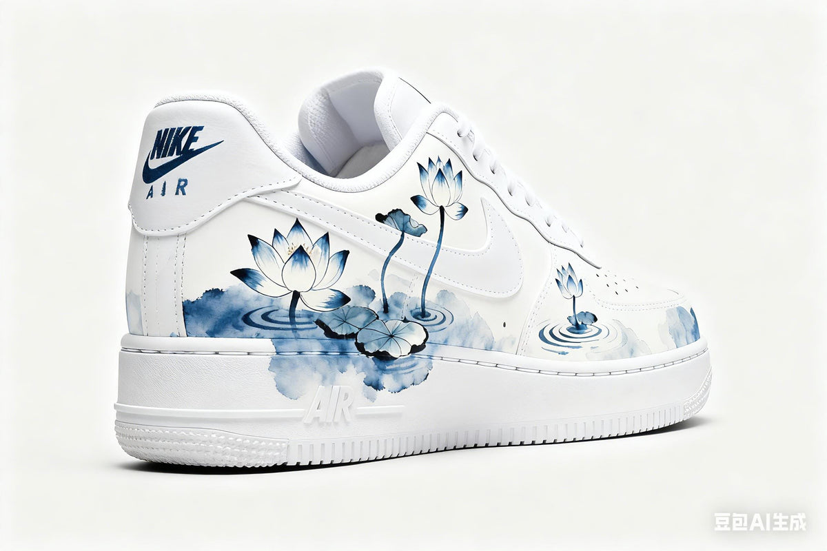 Custom Hand-Painted Nike Air Force 1 Shoes | Blue Lotus Watercolor | Oriental Lotus Pond AF1 Sneakers