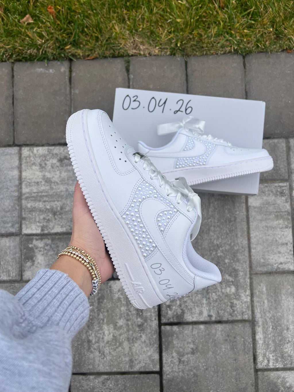 Personalized Bridal Air Force 1 Sneakers White Pearl Wedding Shoes