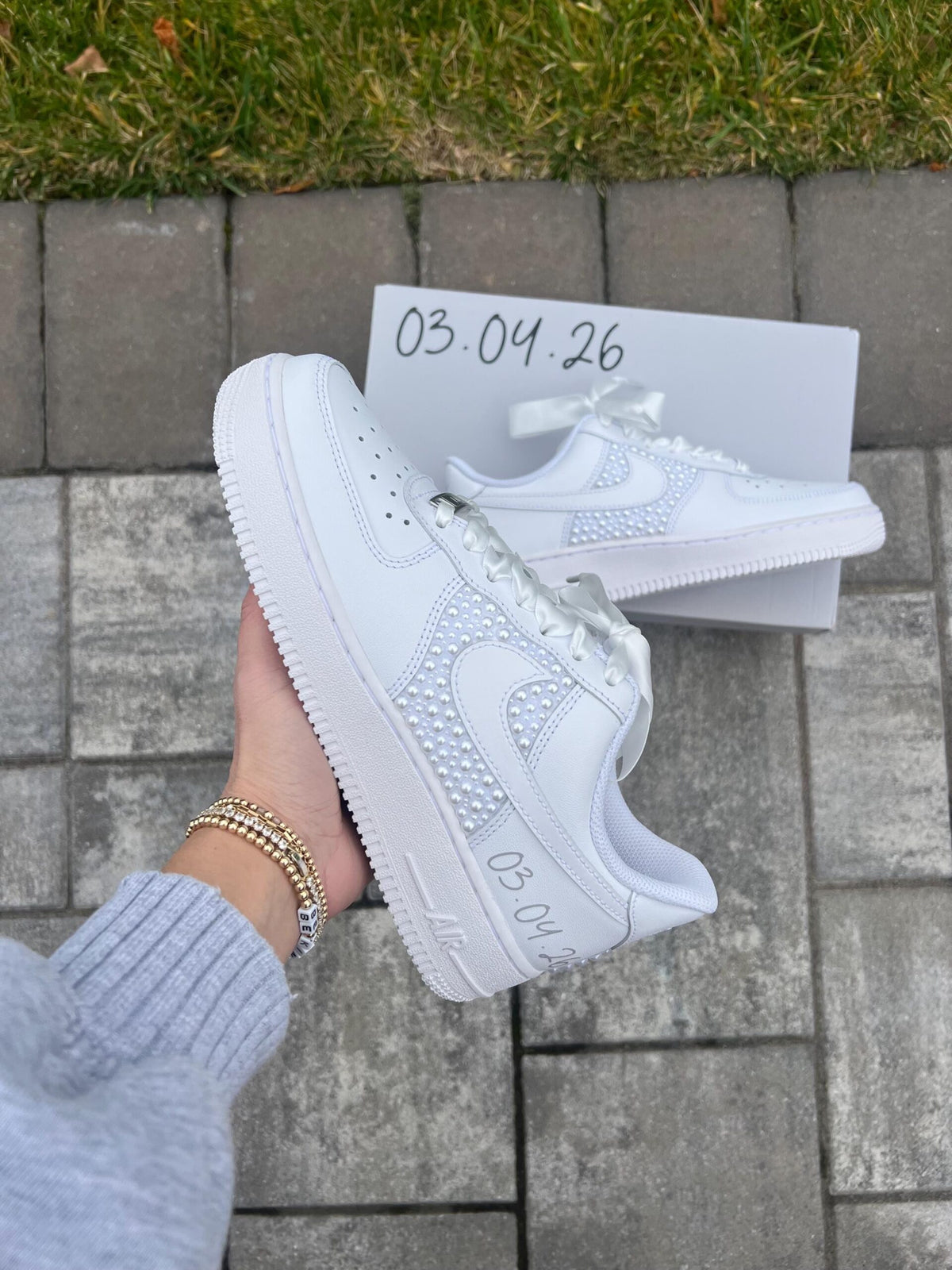 Personalized Bridal Air Force 1 Sneakers White Pearl Wedding Shoes