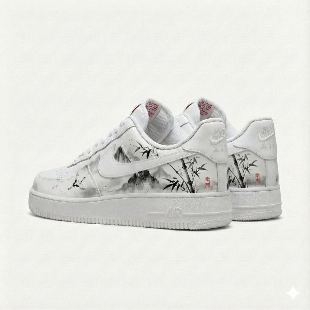 Custom Hand-Painted Nike Air Force 1 Shoes | Chinese Ink Wash | Oriental Zen Sneakers AF1