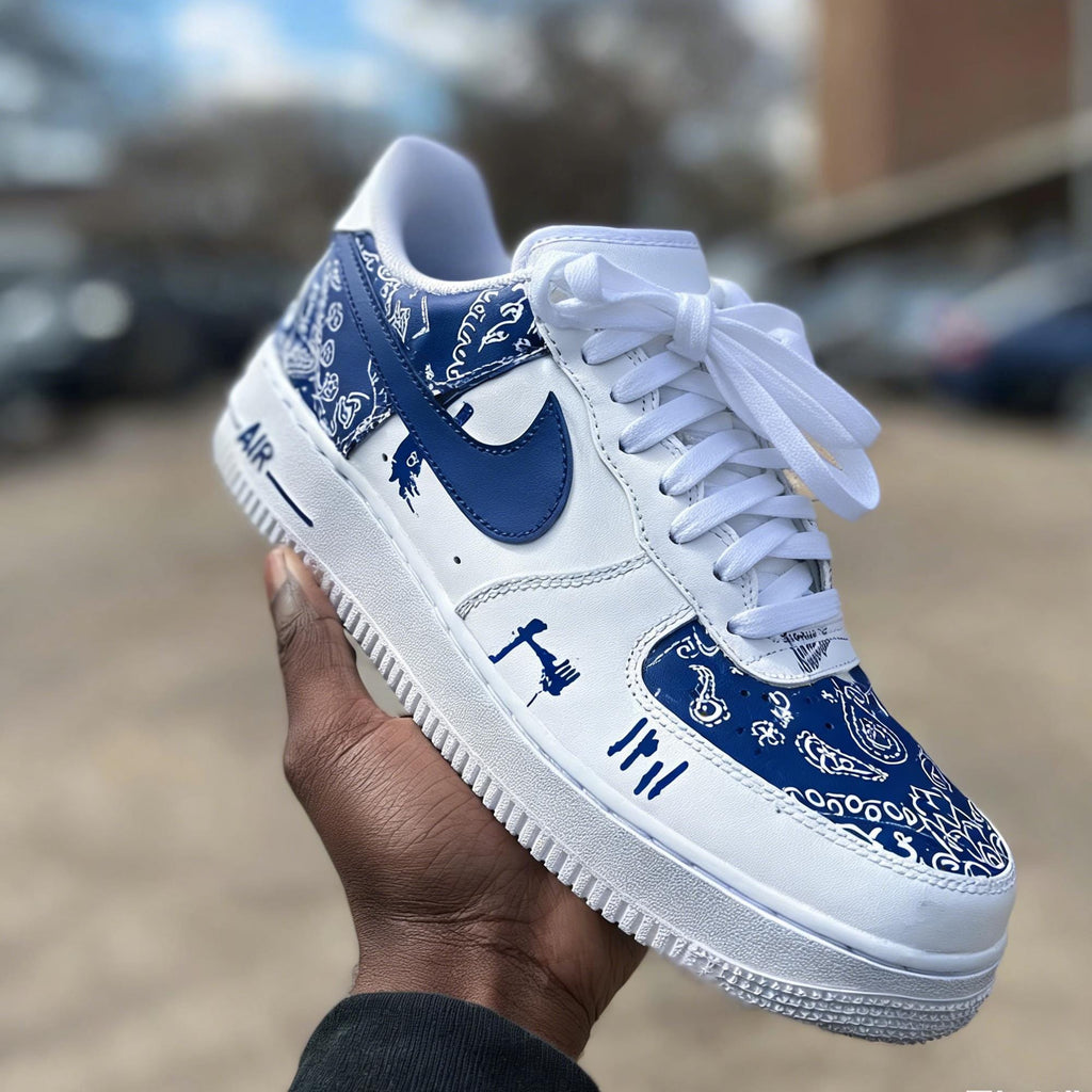 Custom Blue& White Air Force 1 ,Hand-Painted Paisley Sports Sneakers,Abstract Style Gift For Him