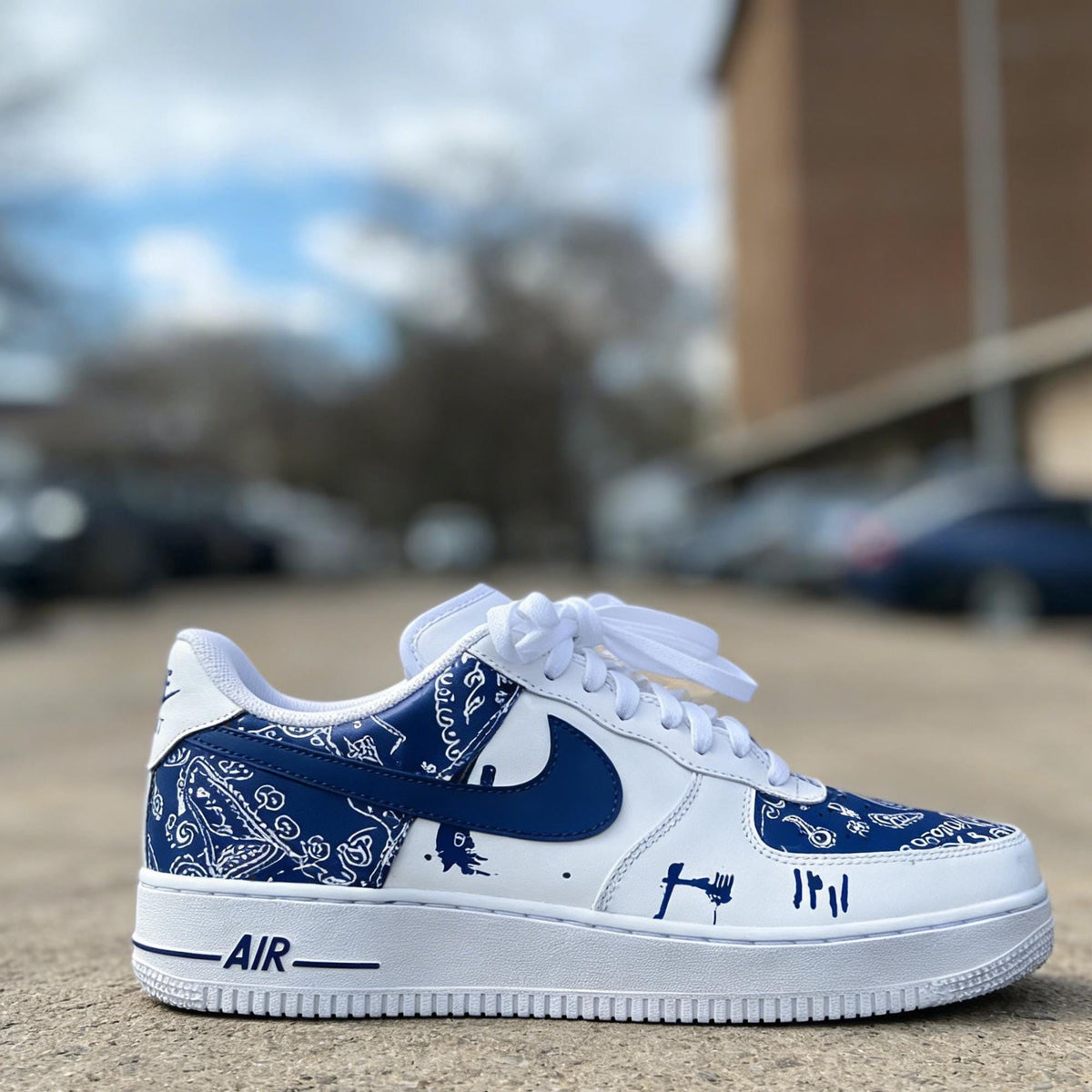 Custom Blue& White Air Force 1 ,Hand-Painted Paisley Sports Sneakers,Abstract Style Gift For Him