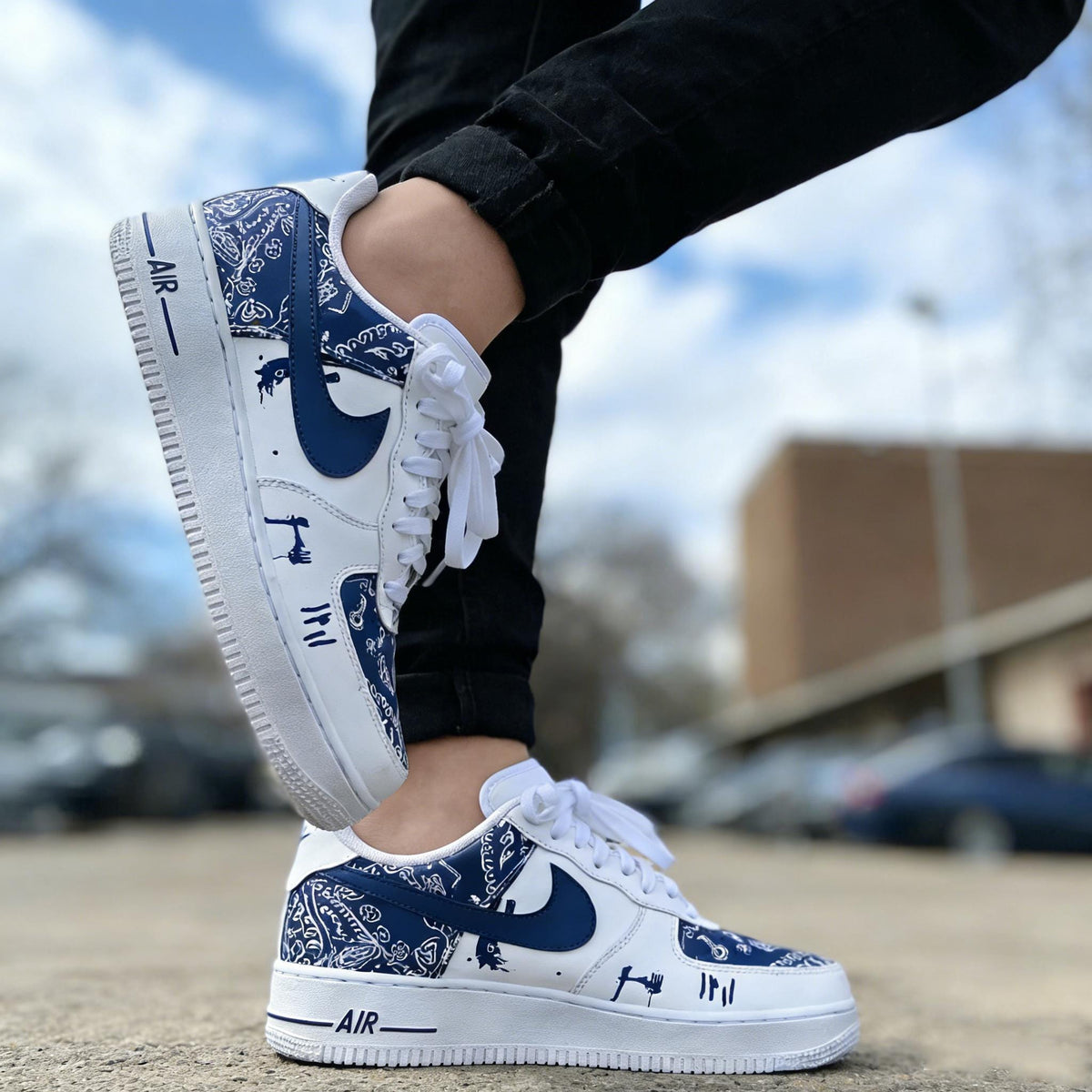 Custom Blue& White Air Force 1 ,Hand-Painted Paisley Sports Sneakers,Abstract Style Gift For Him