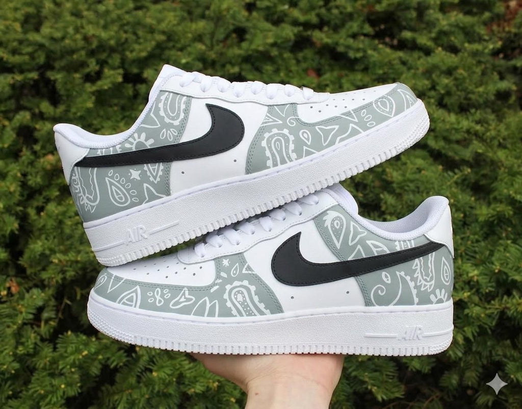 Custom Air Force 1: Hand-Painted Light Grey Bandana Shoes