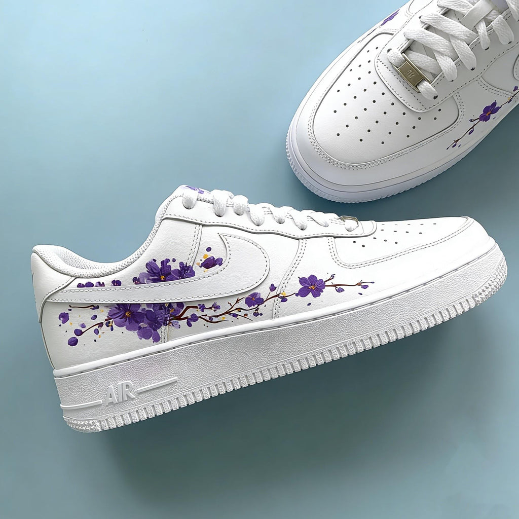 Purple Sakura Custom Air Force One,Delicate Purple Floral & Ink-Wash Branch Sneakers,gift for her