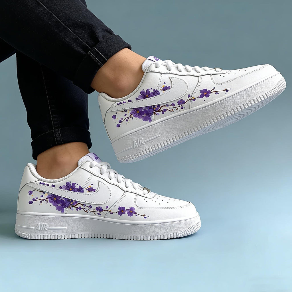 Purple Sakura Custom Air Force One,Delicate Purple Floral & Ink-Wash Branch Sneakers,gift for her