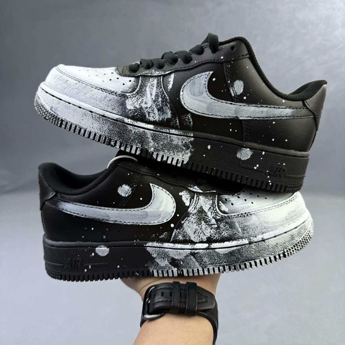 Custom Air Force 1 sneakers in black and white, handmade