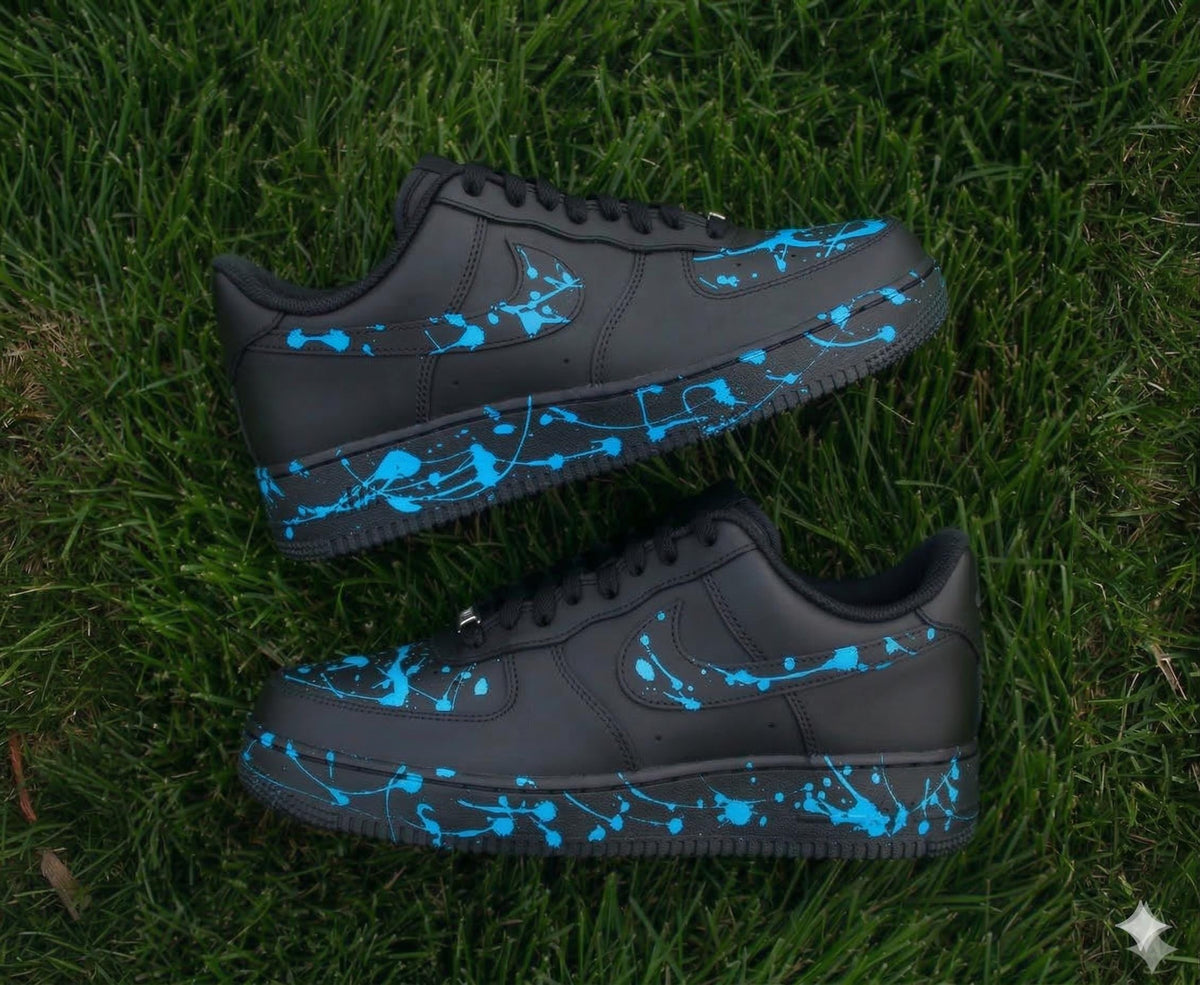 Custom AF1 Black & Blue Paint Splatter Sneakers | Hand Painted Streetwear Shoes | Style Splatter Design
