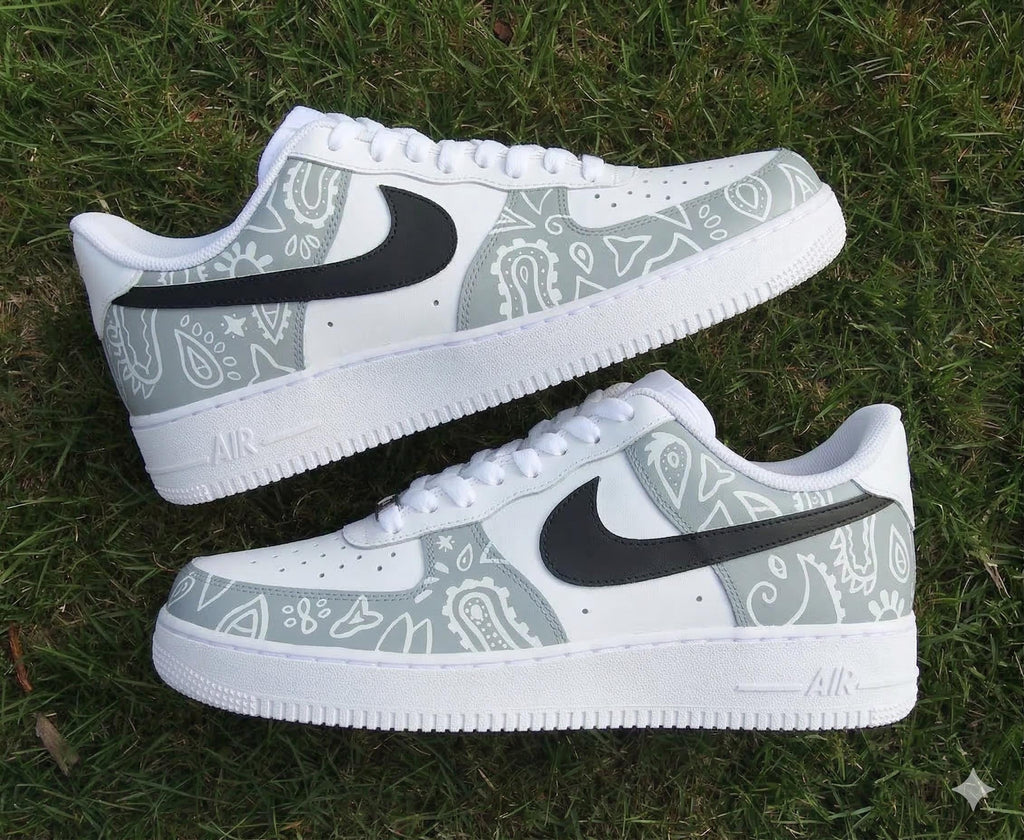 Custom Air Force 1: Hand-Painted Light Grey Bandana Shoes