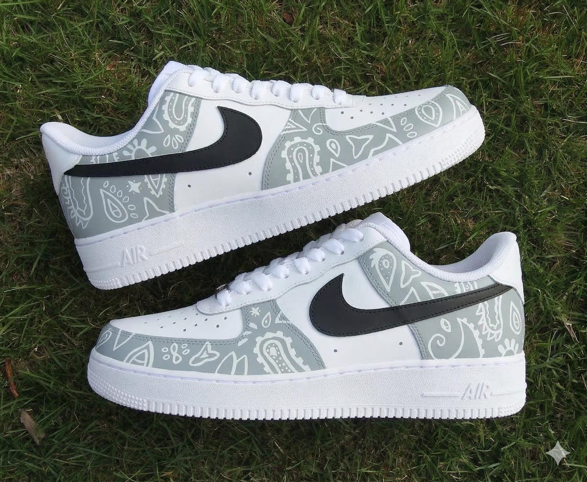 Custom Air Force 1: Hand-Painted Light Grey Bandana Shoes