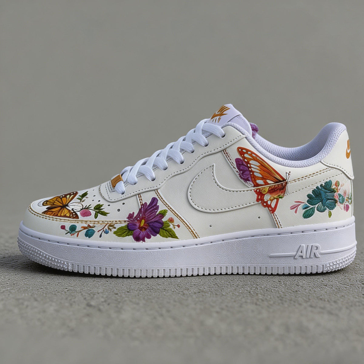 Custom White Air Force 1,Hand painted Floral With Butterfly Sneakers, Vintage Style Shoes Streetwear Gift For Her