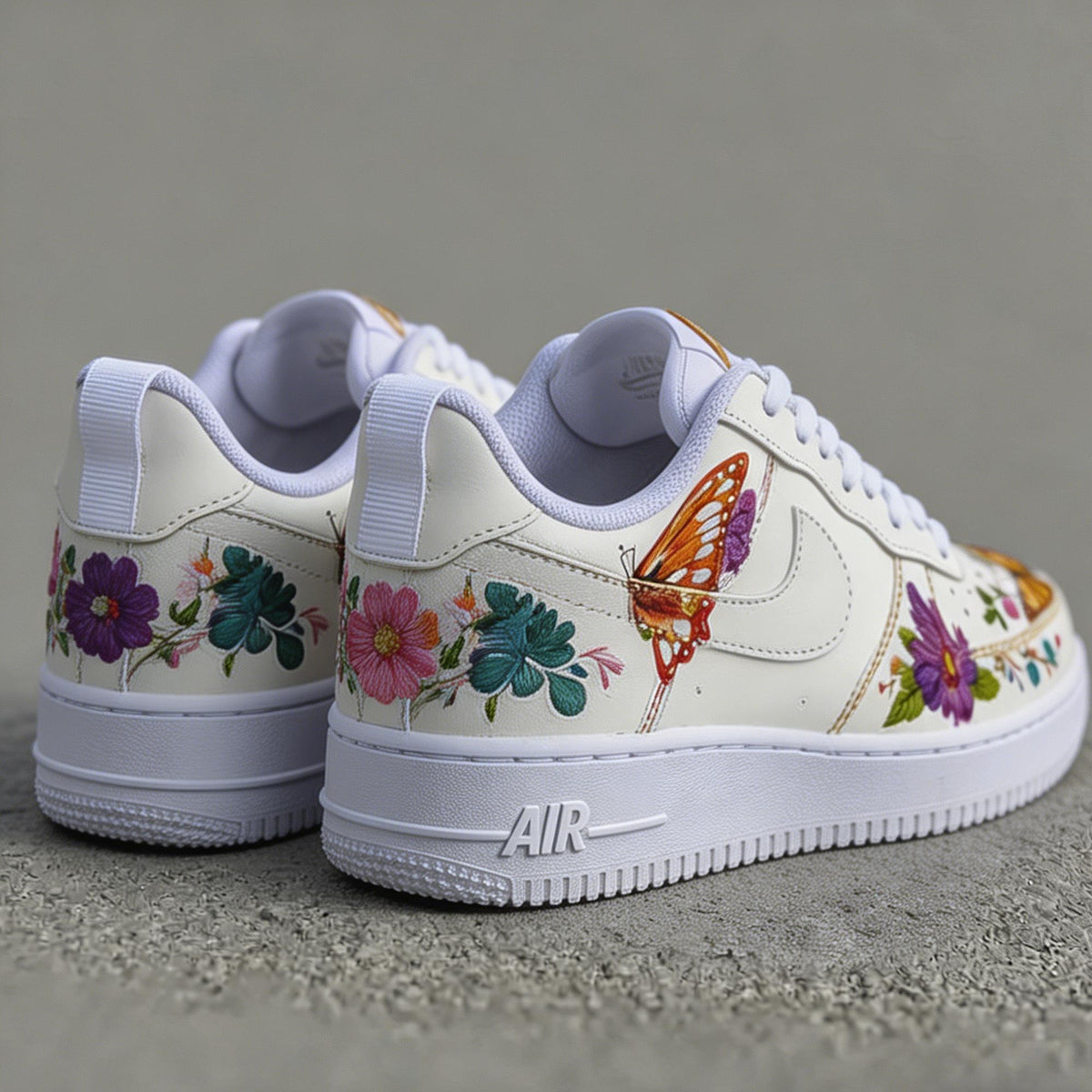Custom White Air Force 1,Hand painted Floral With Butterfly Sneakers, Vintage Style Shoes Streetwear Gift For Her