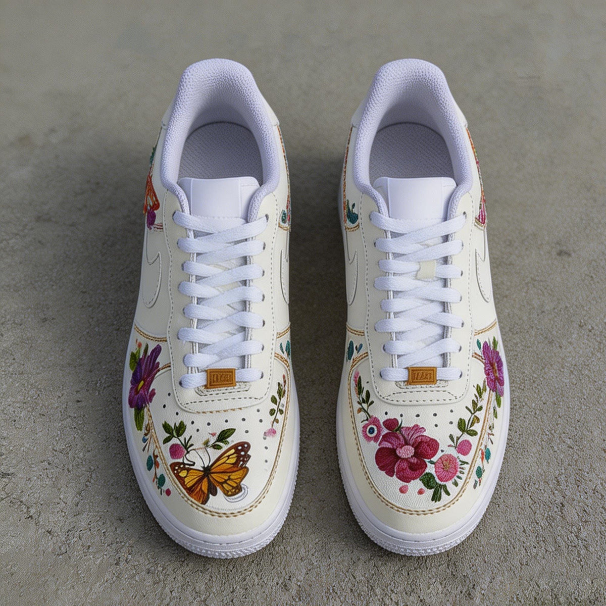 Custom White Air Force 1,Hand painted Floral With Butterfly Sneakers, Vintage Style Shoes Streetwear Gift For Her