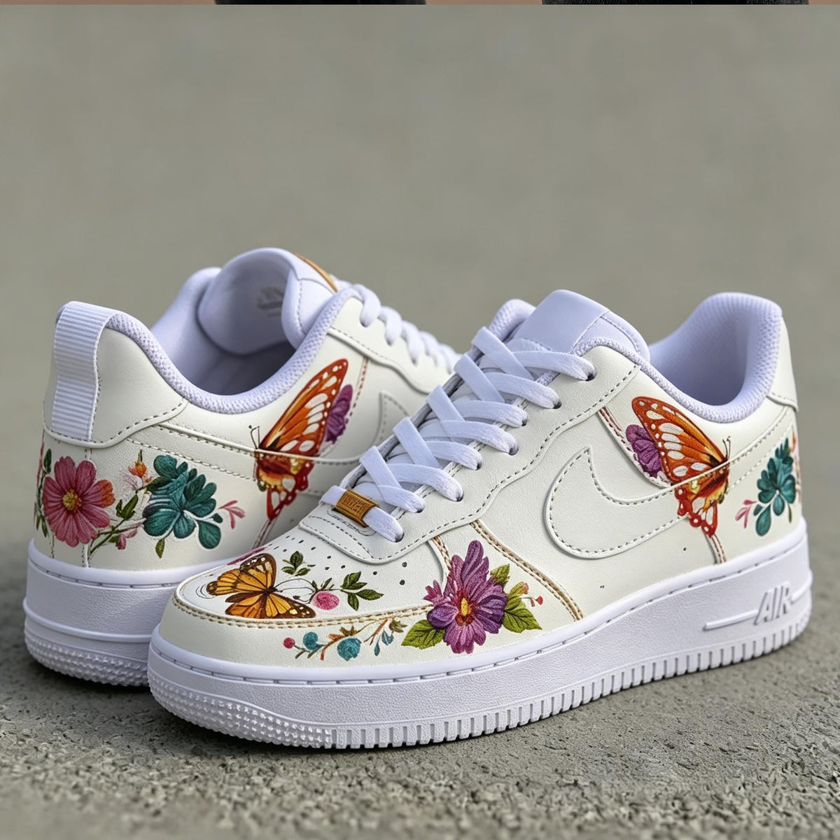 Custom White Air Force 1,Hand painted Floral With Butterfly Sneakers, Vintage Style Shoes Streetwear Gift For Her