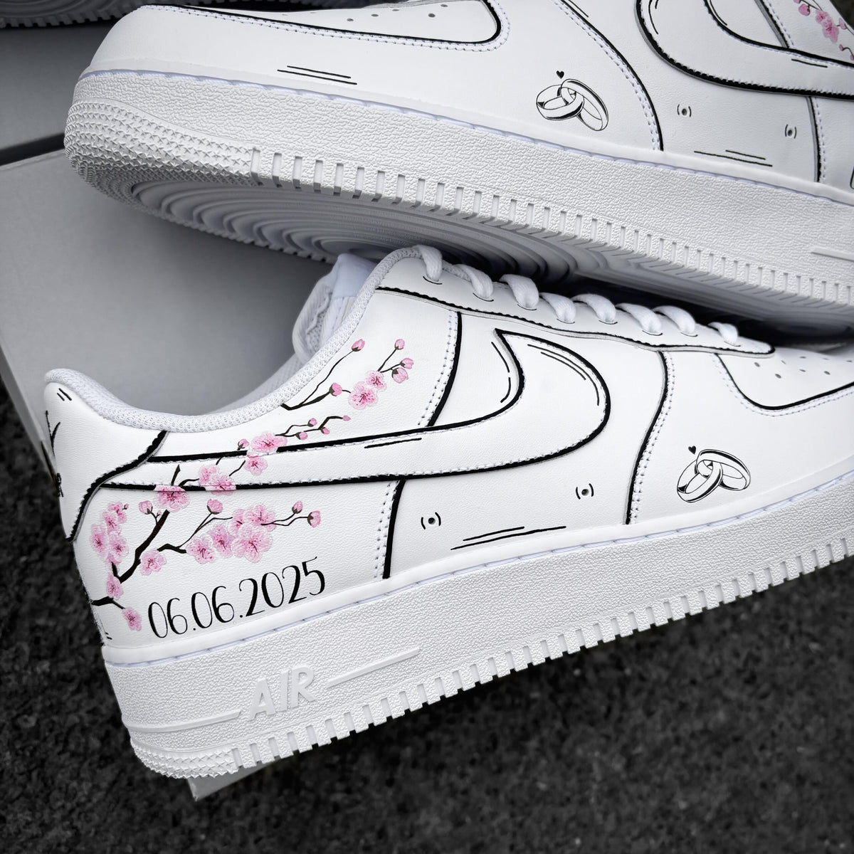 Custom Nike Air Force 1 Wedding – Custom Sneaker with Wedding Date & Cherry Blossoms – Personalized Hand Painted Shoes AF1