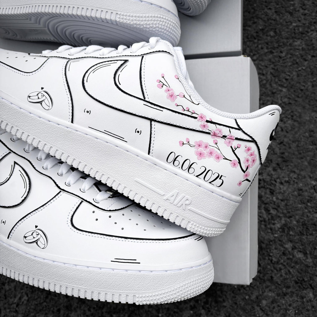 Custom Nike Air Force 1 Wedding – Custom Sneaker with Wedding Date & Cherry Blossoms – Personalized Hand Painted Shoes AF1