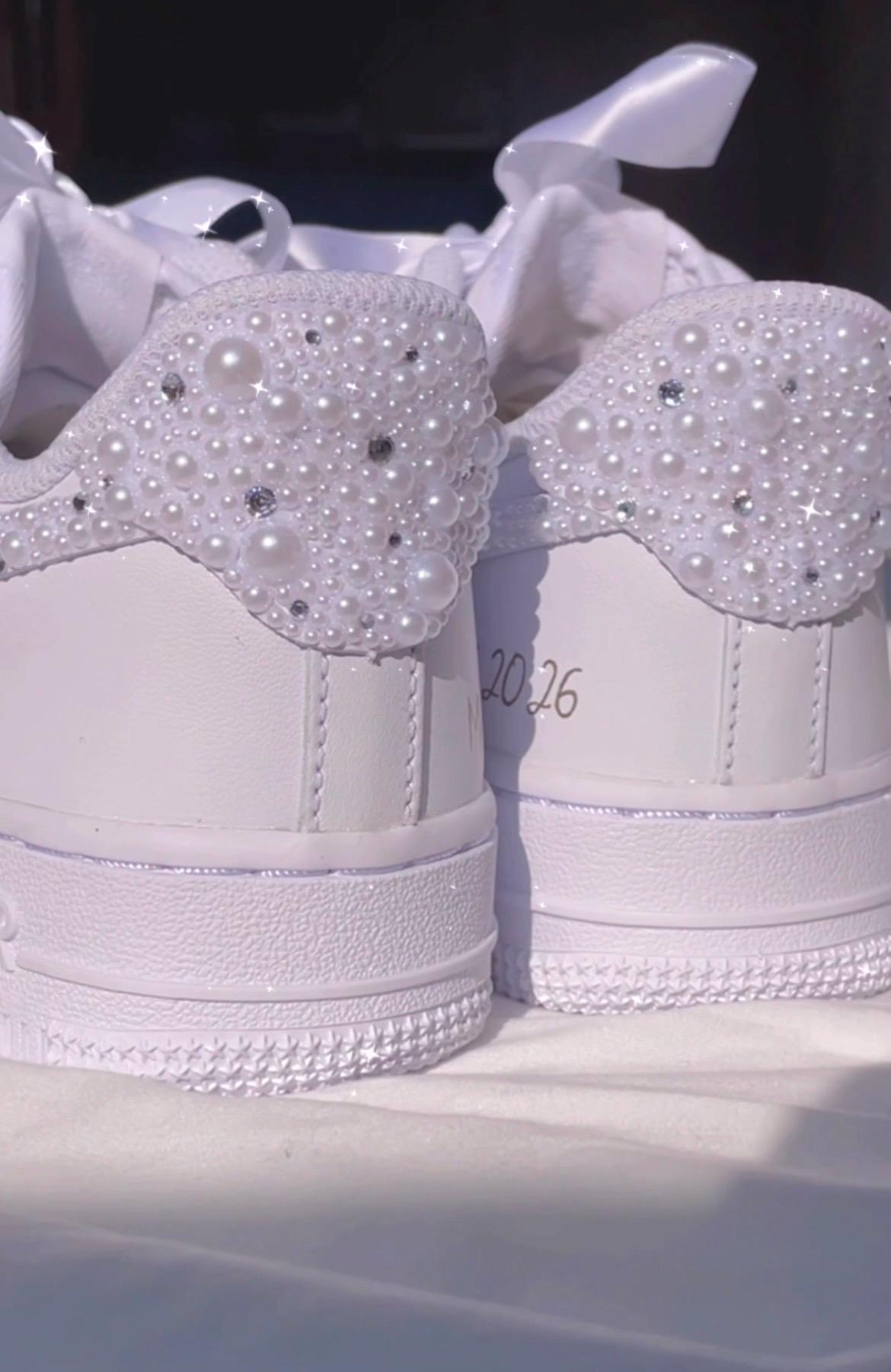 Personalized Bridal Sneakers: Hand-made Pearl Crystal Air Force 1 (three placements)