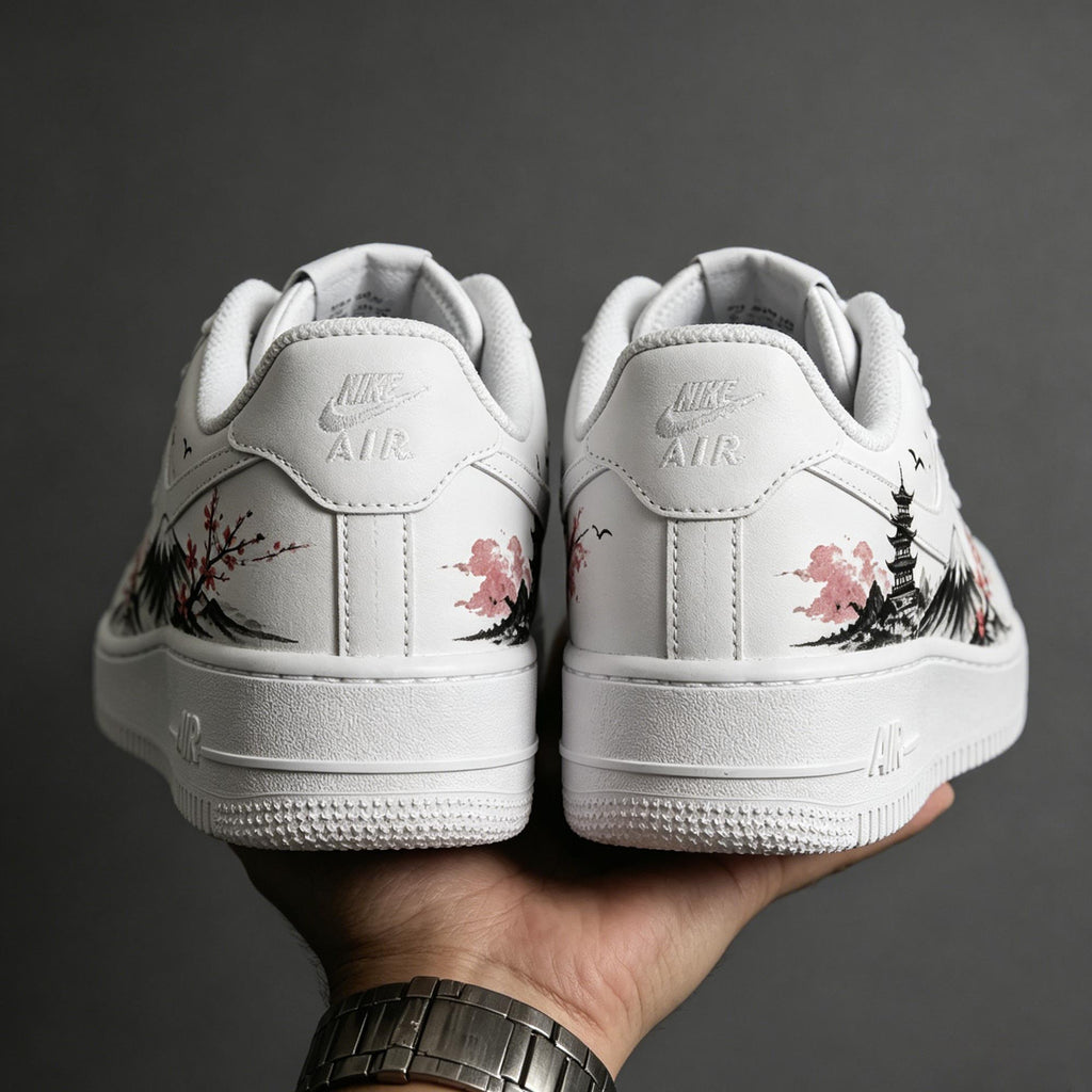Custom Air Force 1, Hand Painted Mount Fuji Shoes, Cherry Blossom AF1,Ink Painting Shoes, Oriental Air Force One,A Unique Gift