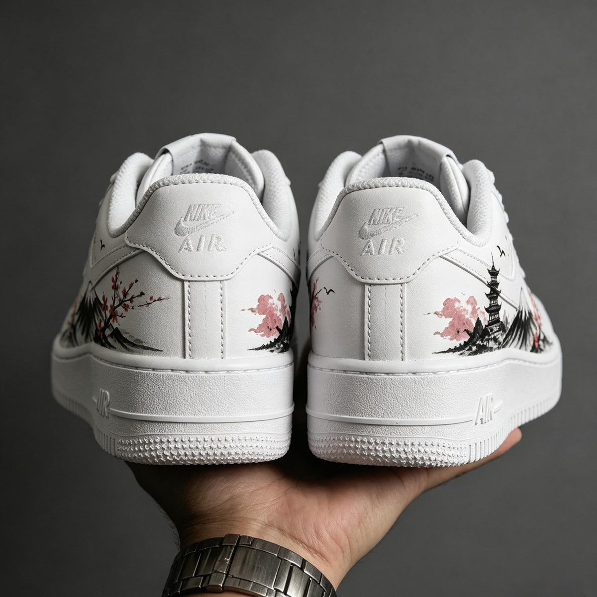 Custom Air Force 1, Hand Painted Mount Fuji Shoes, Cherry Blossom AF1,Ink Painting Shoes, Oriental Air Force One,A Unique Gift