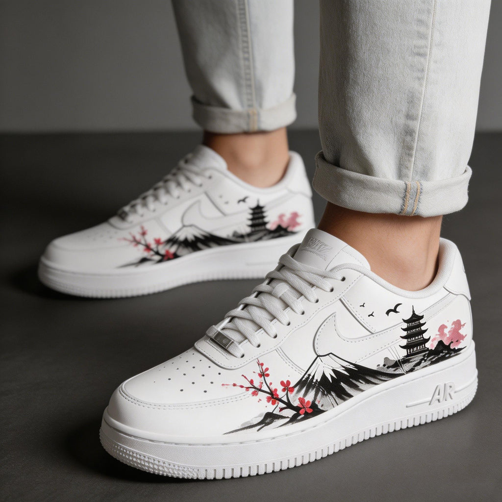 Custom Air Force 1, Hand Painted Mount Fuji Shoes, Cherry Blossom AF1,Ink Painting Shoes, Oriental Air Force One,A Unique Gift