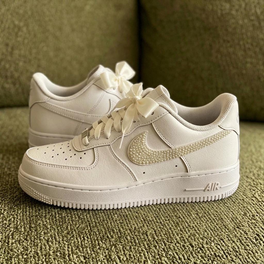 Custom Pearl Air Force 1 – Wedding Sneakers with Ribbon Bows,Luxury Pearl Swoosh Shoes,Gift for her