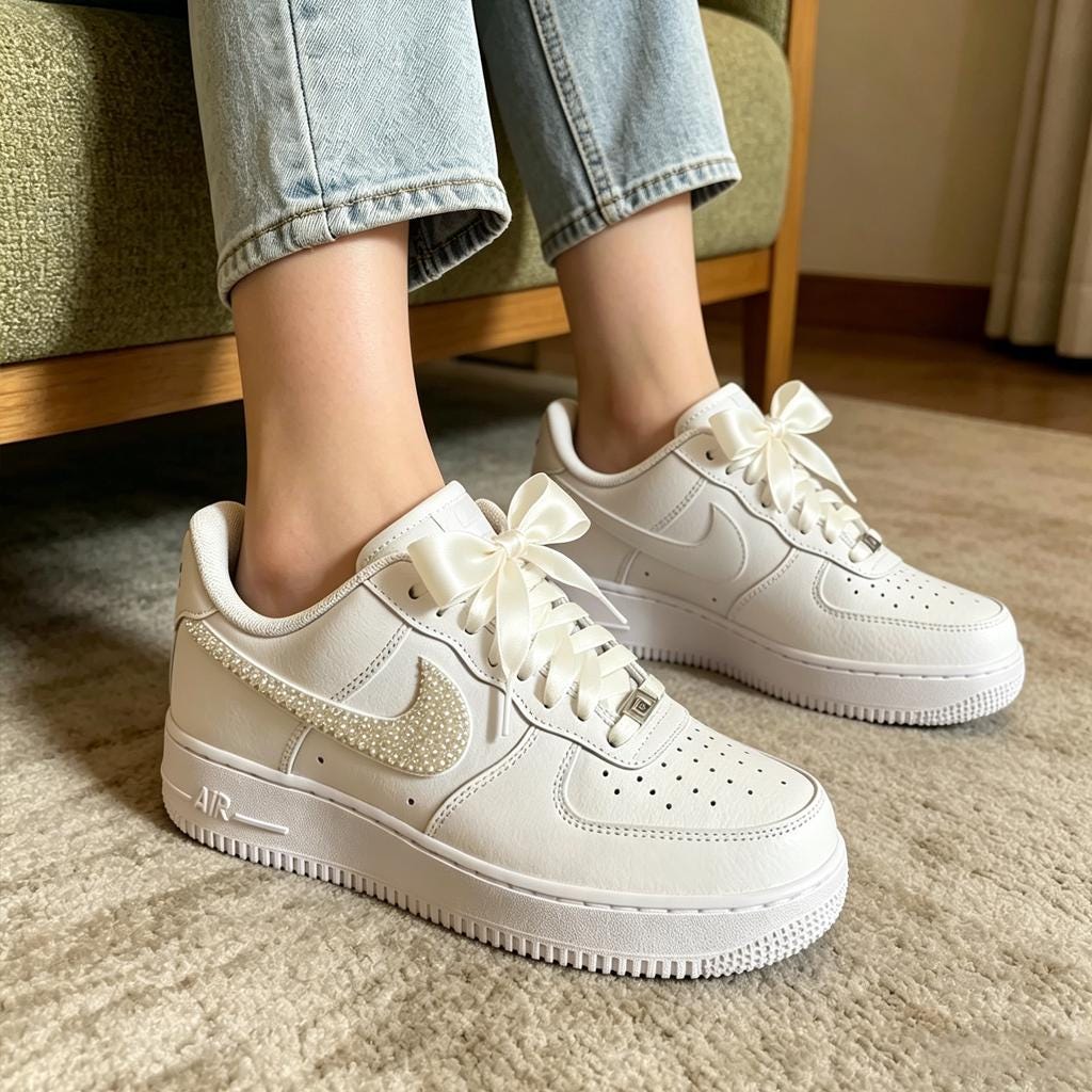 Custom Pearl Air Force 1 – Wedding Sneakers with Ribbon Bows,Luxury Pearl Swoosh Shoes,Gift for her
