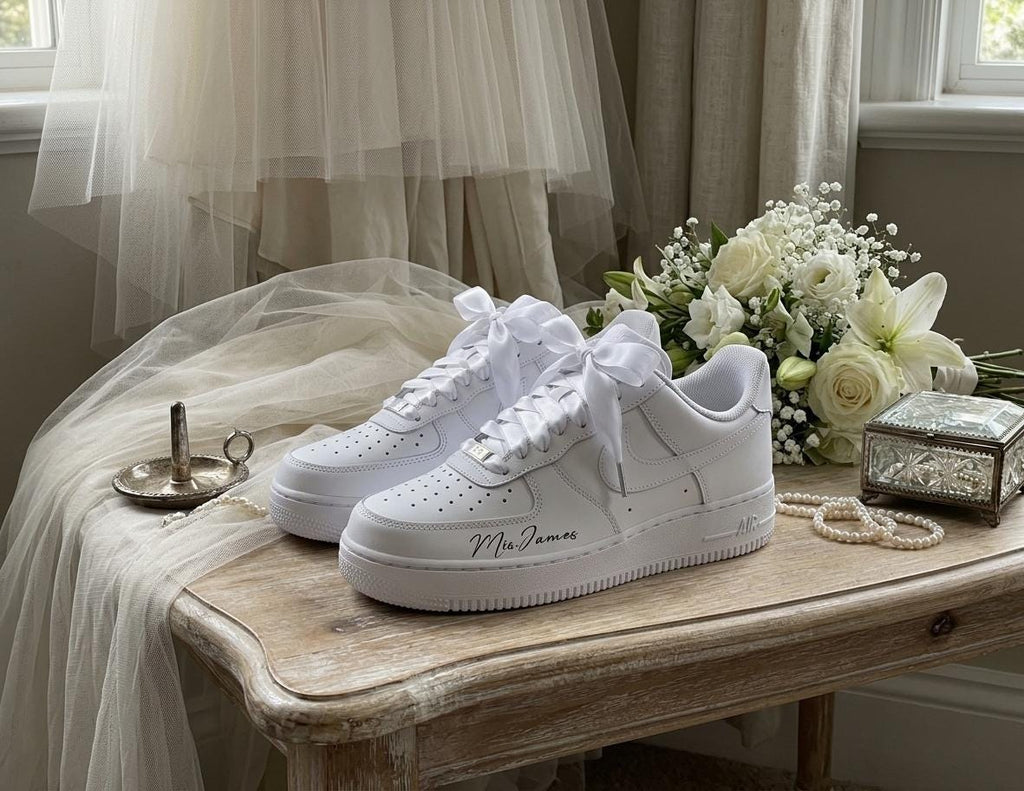 Custom Bridal Wedding Sneakers ?C Handmade Pearl Tulle Shoes for bride, Personalized with Name & Wedding Date