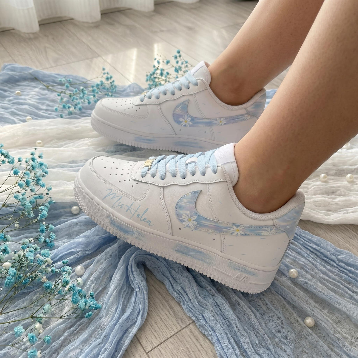 Wedding Sneakers for Bride | Bridal Light Blue Hand-Painted Custom Shoes, Personalized Name & Wedding Date