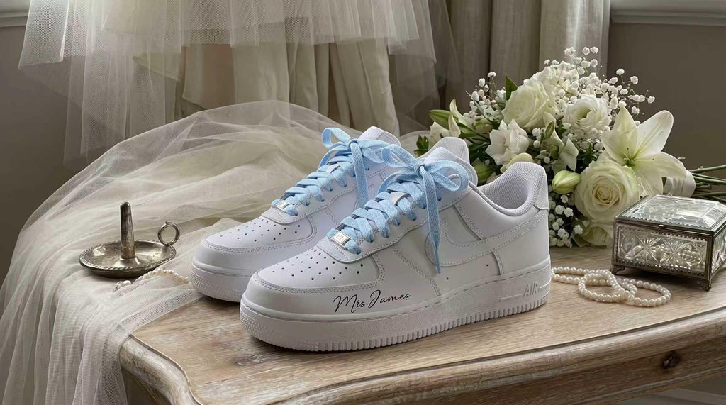 Wedding Sneakers for Bride | Bridal Light Blue Hand-Painted Custom Shoes, Personalized Name & Wedding Date