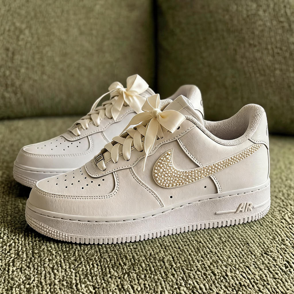 Custom Pearl Air Force 1 – Wedding Sneakers with Ribbon Bows,Luxury Pearl Swoosh Shoes,Gift for her