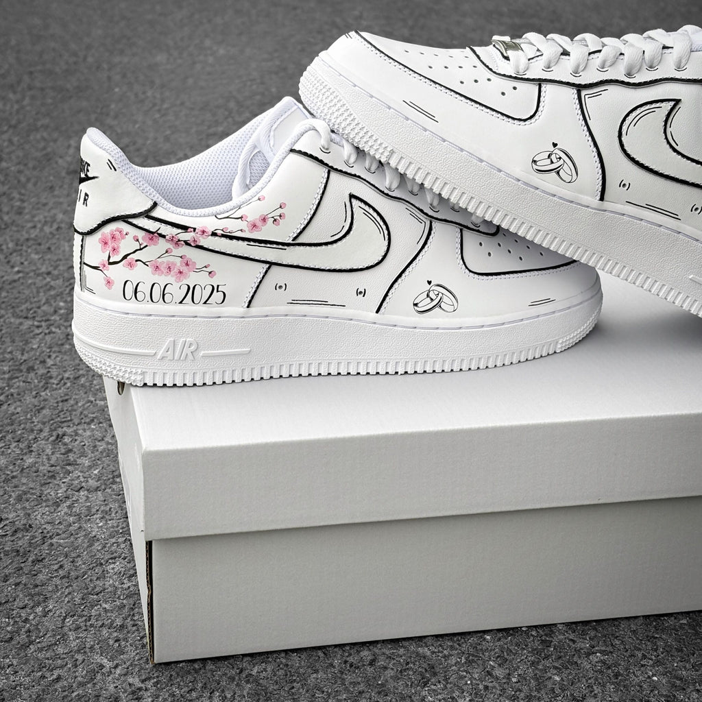 Custom Nike Air Force 1 Wedding – Custom Sneaker with Wedding Date & Cherry Blossoms – Personalized Hand Painted Shoes AF1