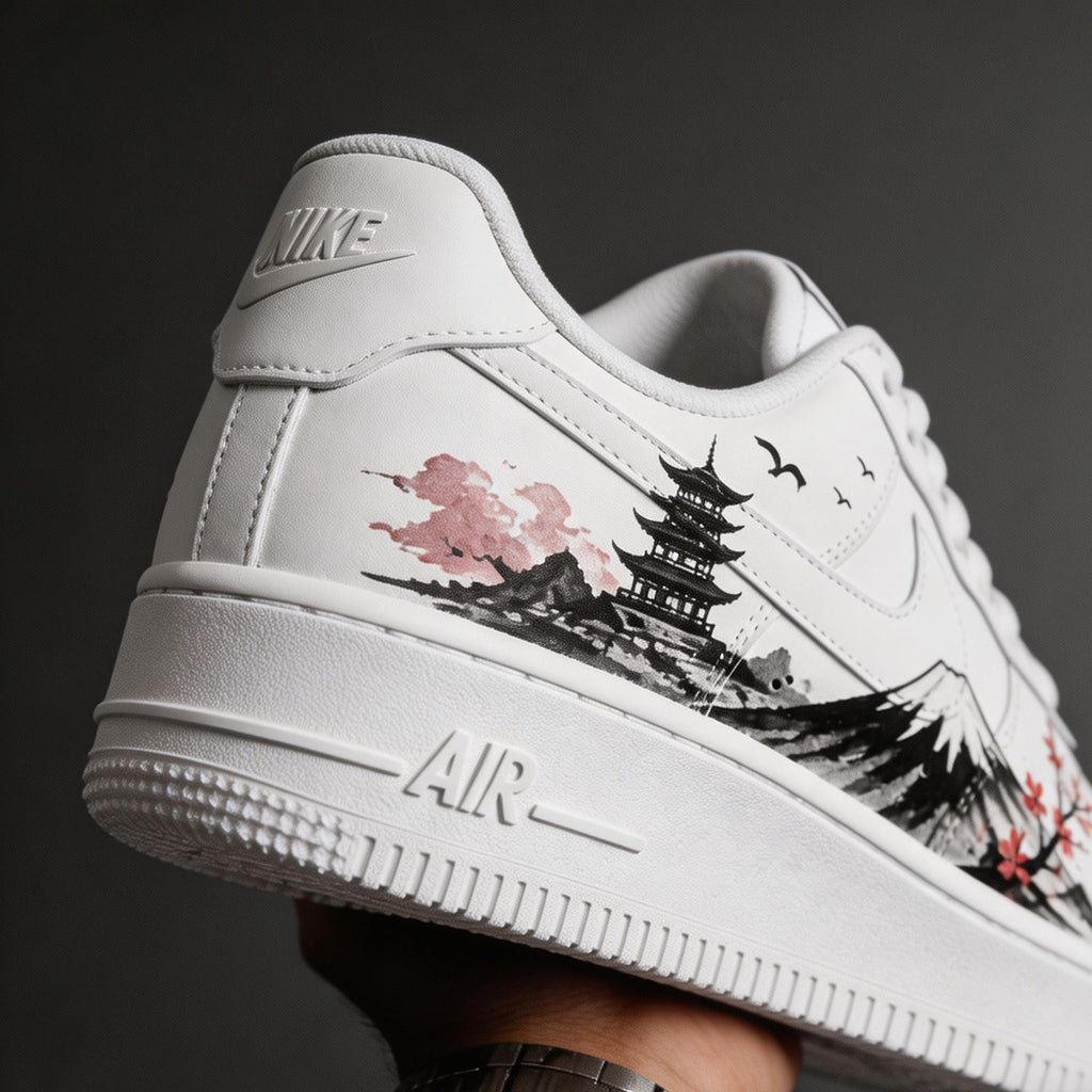 Custom Air Force 1, Hand Painted Mount Fuji Shoes, Cherry Blossom AF1,Ink Painting Shoes, Oriental Air Force One,A Unique Gift