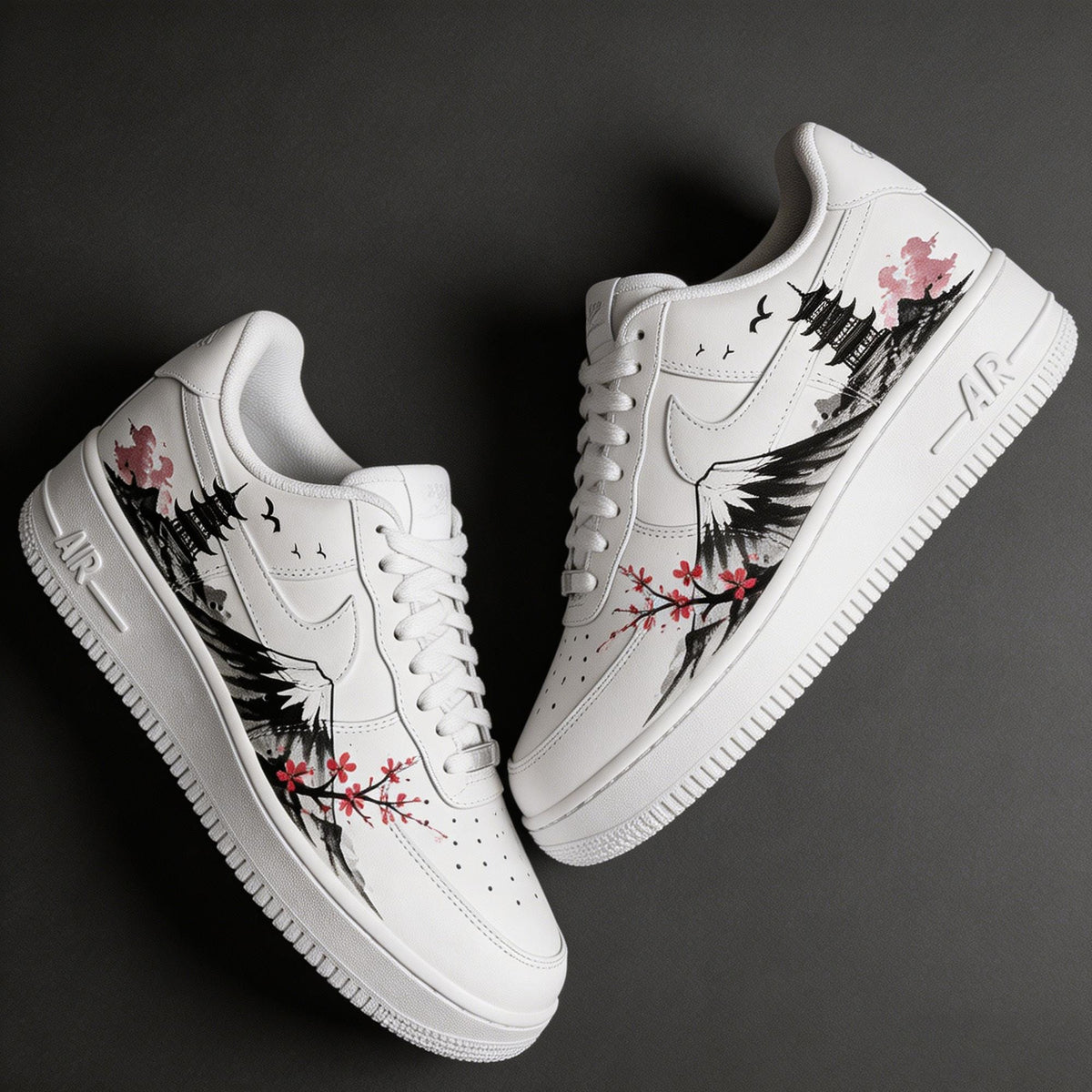 Custom Air Force 1, Hand Painted Mount Fuji Shoes, Cherry Blossom AF1,Ink Painting Shoes, Oriental Air Force One,A Unique Gift