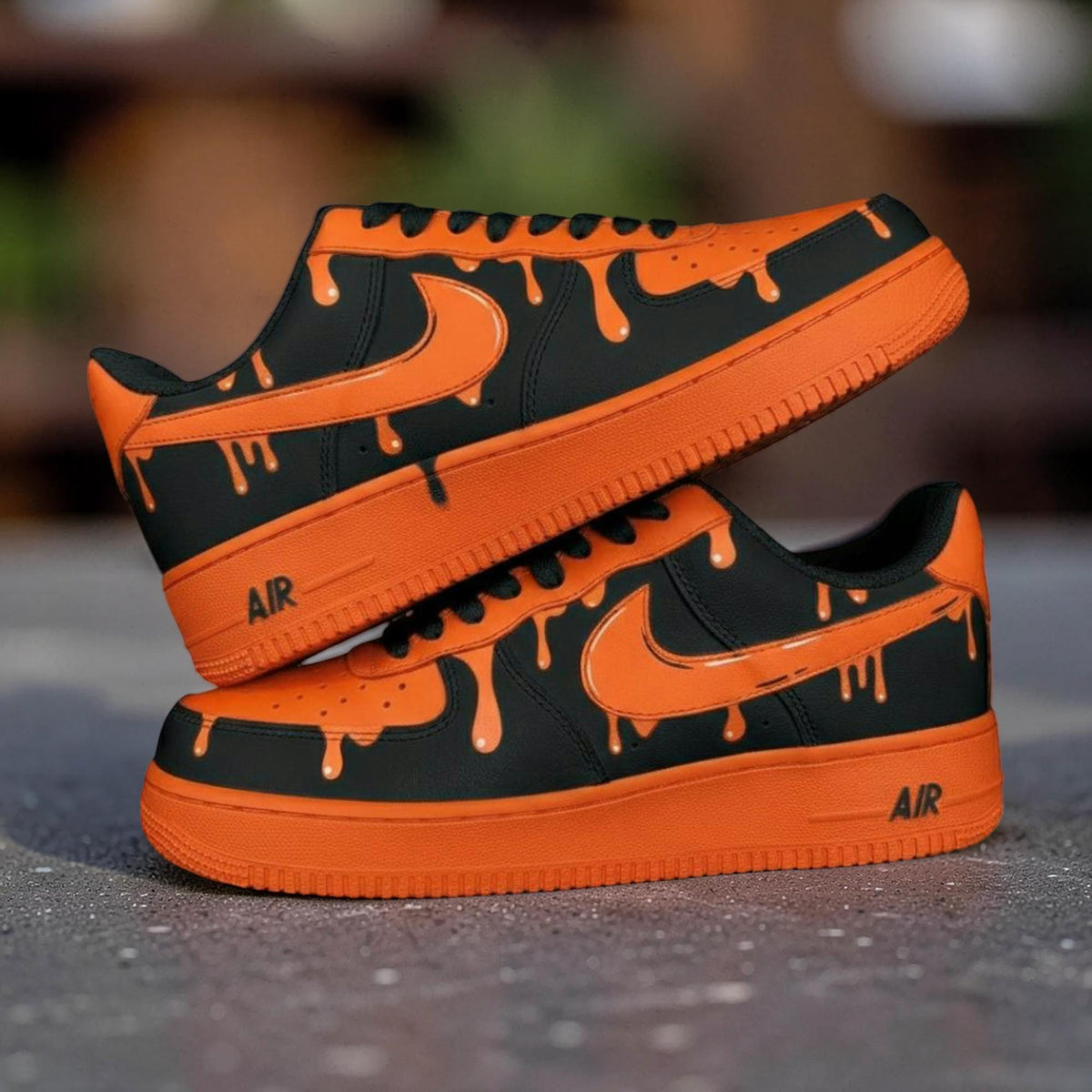 Custom Orange Drip Air Force 1 Sneakers, Hand Painted Black Shoes