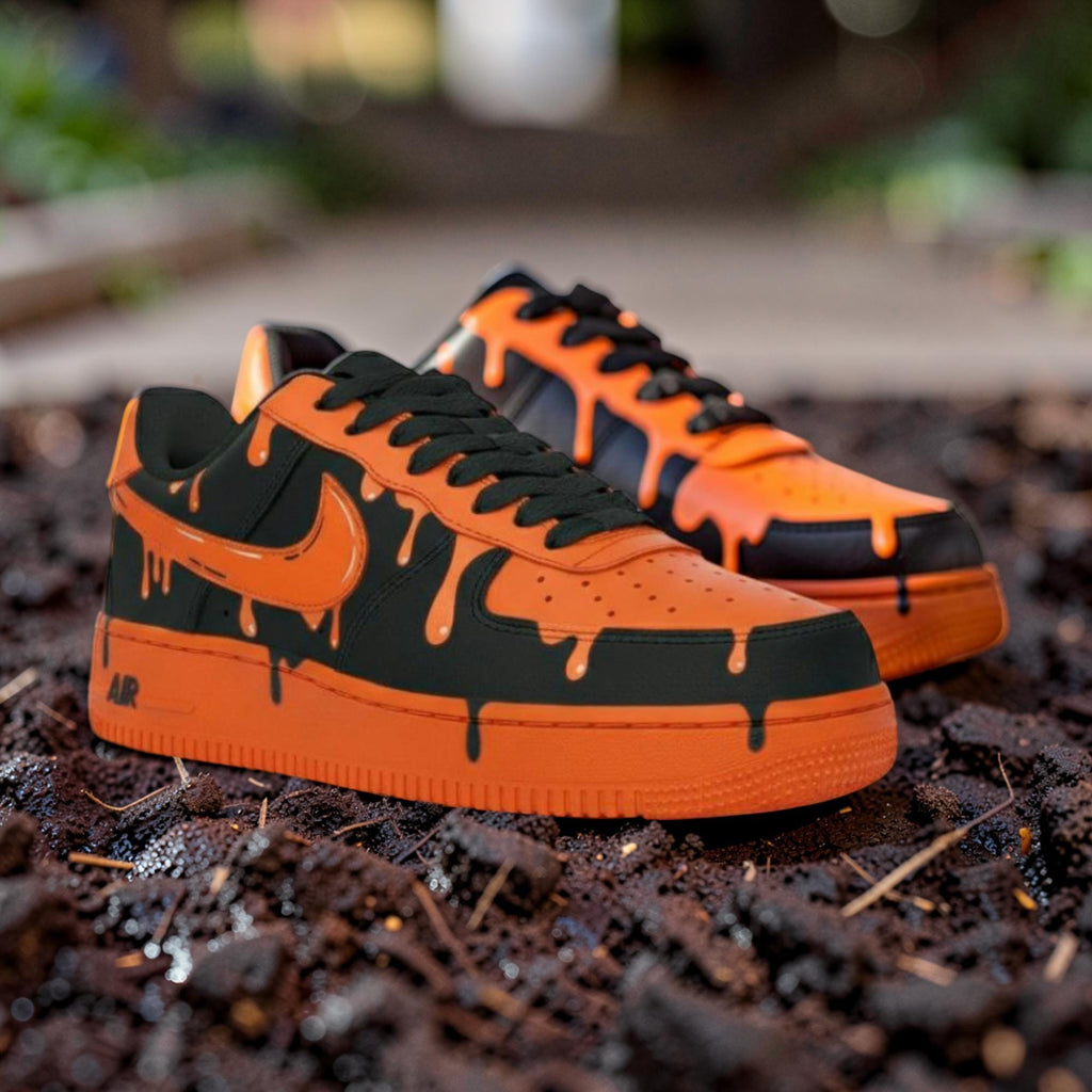 Custom Orange Drip Air Force 1 Sneakers, Hand Painted Black Shoes