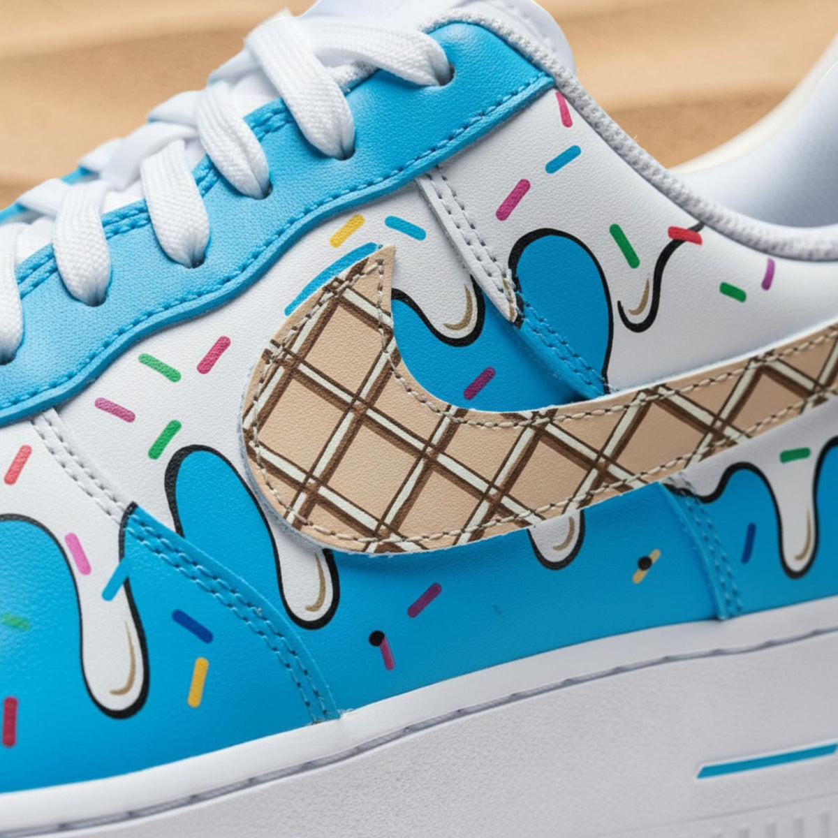 Custom Hand Painted Air Force 1 Sneakers, Blue Ice Cream Drip Design