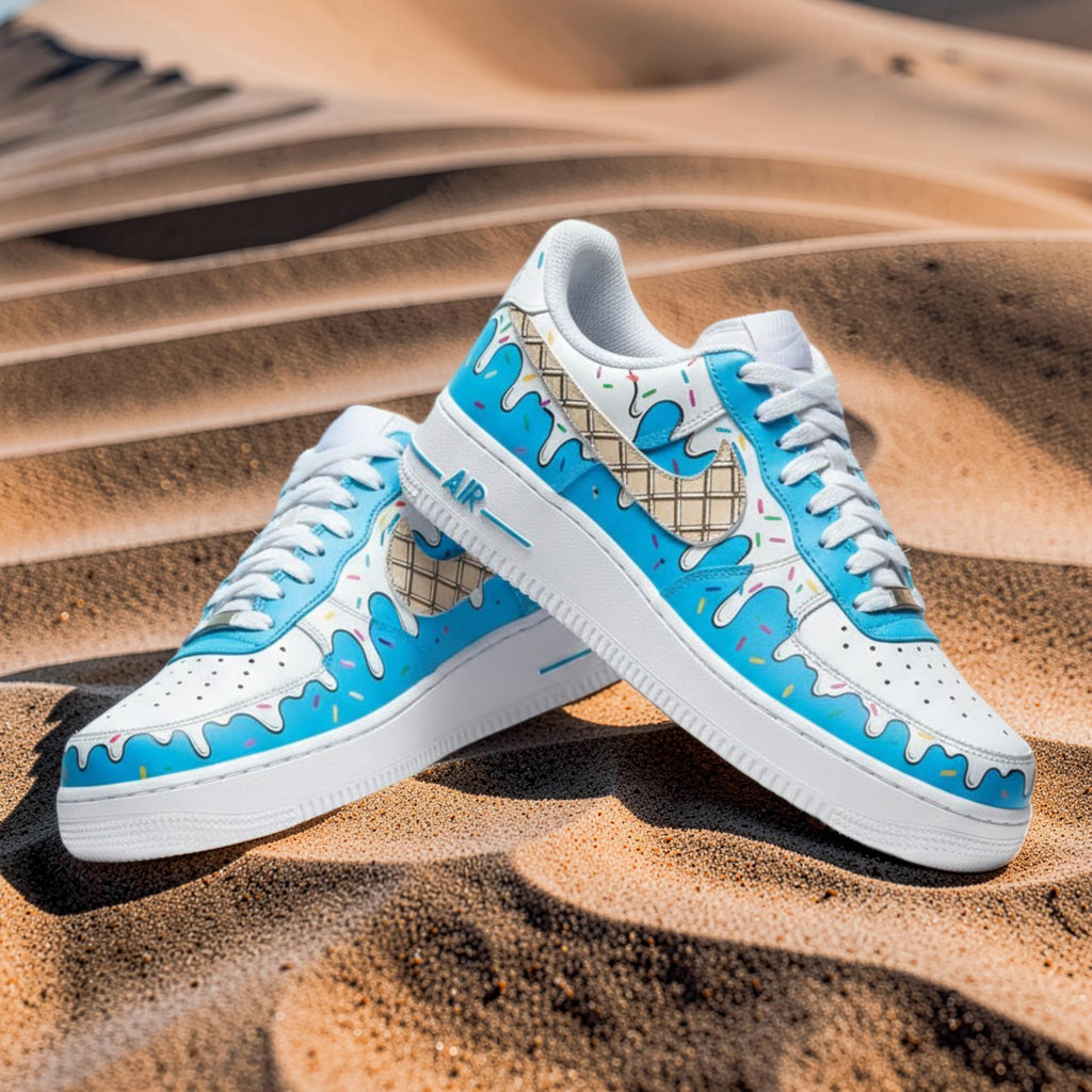 Custom Hand Painted Air Force 1 Sneakers, Blue Ice Cream Drip Design