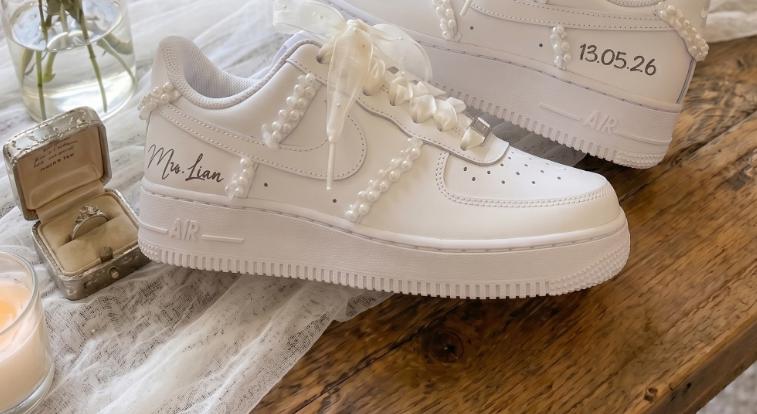 Pearl Lace Bridal Wedding Sneakers Custom Shoes for Bride, Personalized with Name & Wedding Date