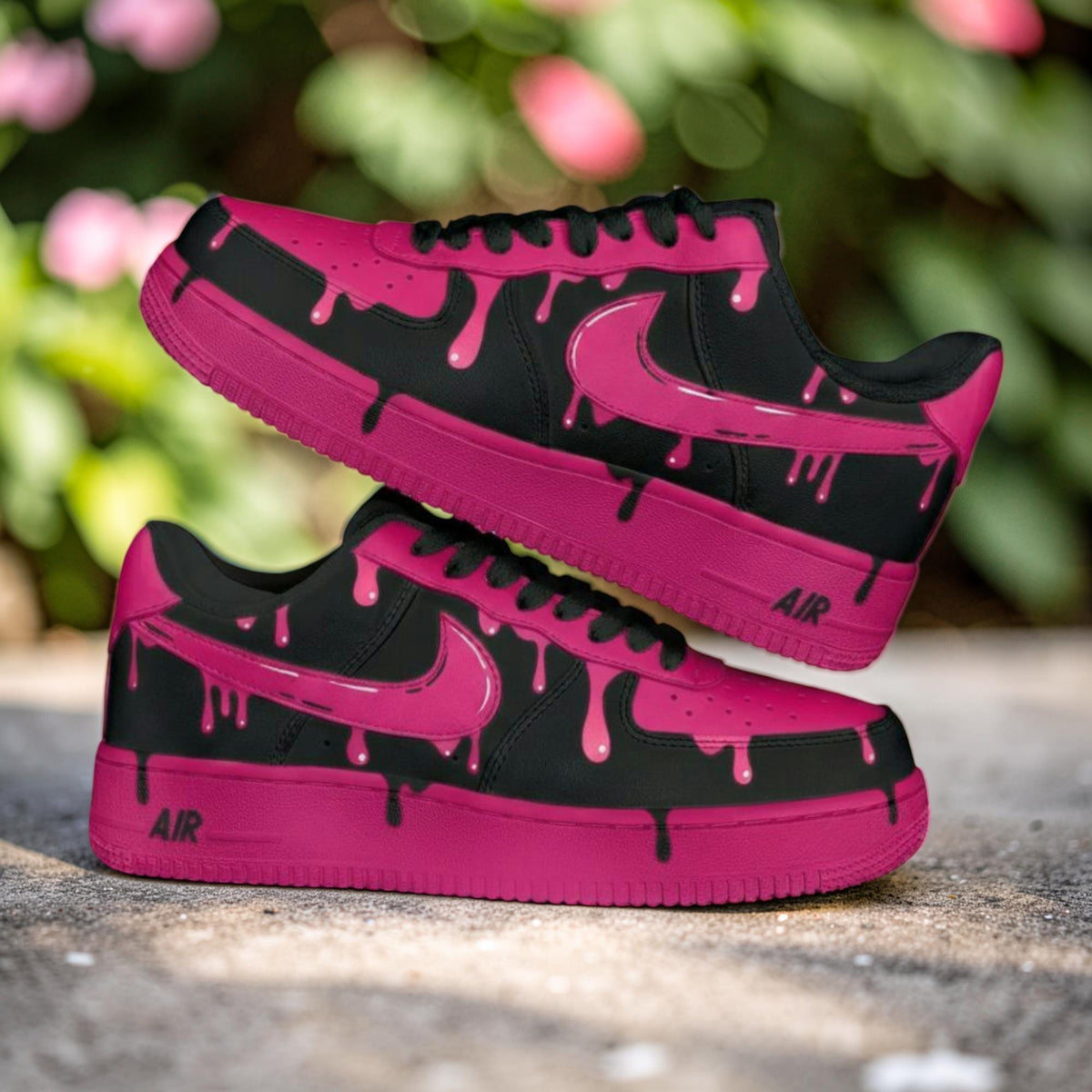 Custom Air Force 1 Pink Drip Sneakers, AF1 Black and Pink Melt Shoes, Hand Painted Streetwear Sneaker Gift for Women