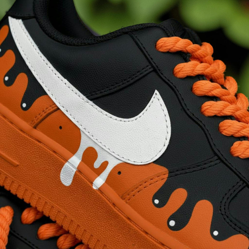 Custom Air Force 1 Halloween Drip Sneakers, AF1 Orange Black Melt Shoes, Hand Painted Spooky Streetwear Gift