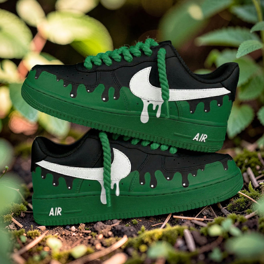 Custom Air Force 1 Drip Sneakers Green Black AF1 Shoes, Hand Painted Streetwear Sneakers, Sneakerhead Gift