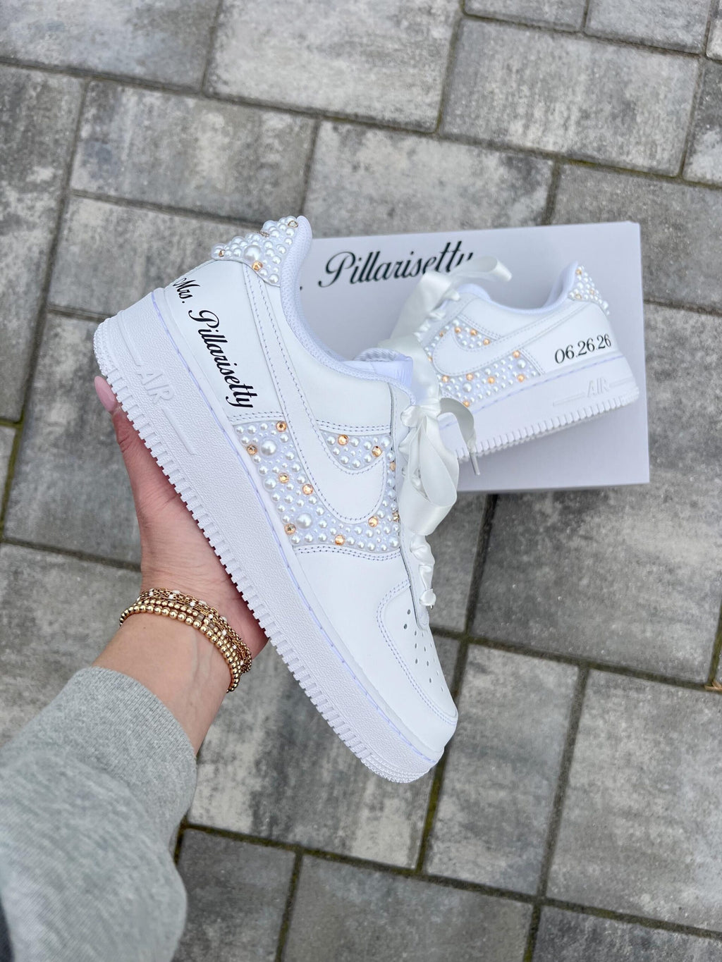 Personalized Bridal Air Force 1 Sneakers Gold Rhinestone & white Pearl Wedding Shoes