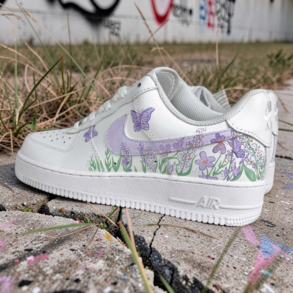 Custom Air Force 1 Lavender Butterfly Floral Sneakers, Hand Painted AF1 Shoes, Personalized Purple Flower Shoes