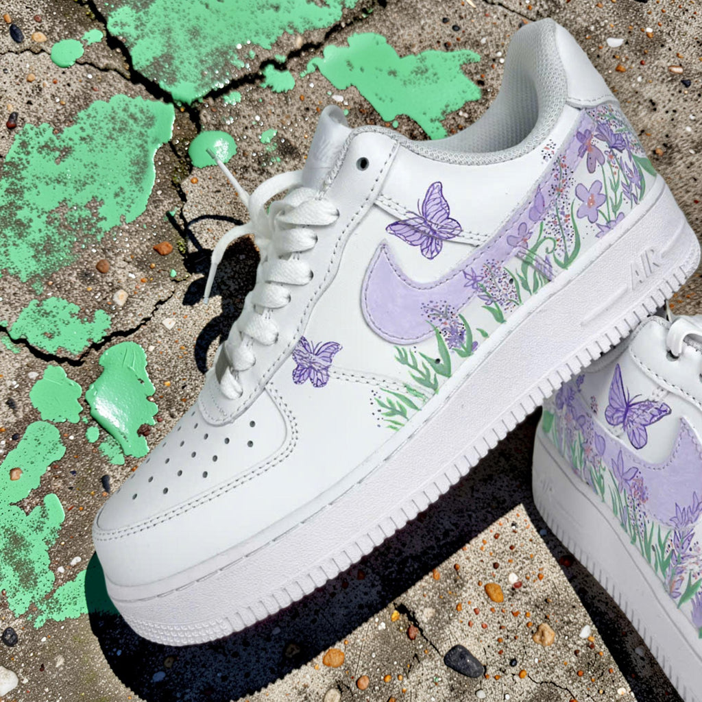 Custom Air Force 1 Lavender Butterfly Floral Sneakers, Hand Painted AF1 Shoes, Personalized Purple Flower Shoes