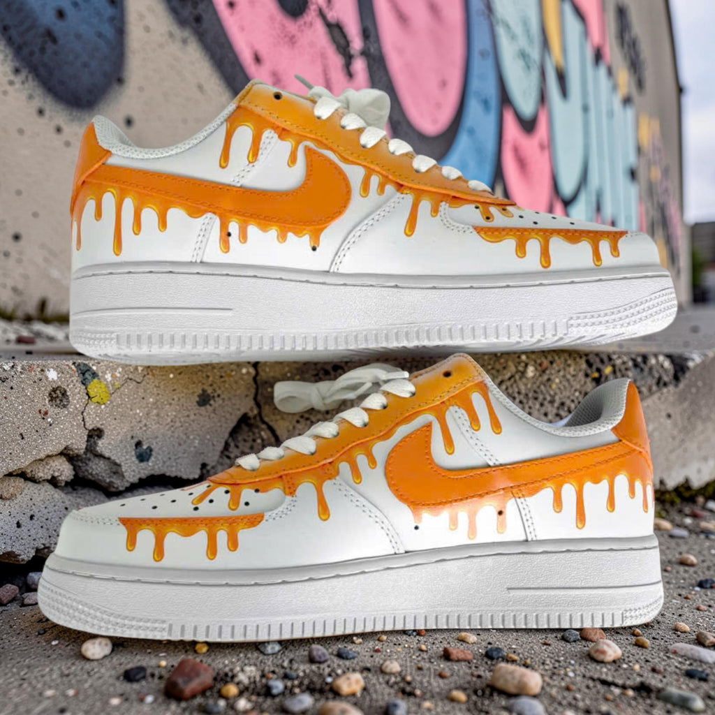 Custom Air Force 1 Orange Drip Sneakers, Hand Painted AF1 Shoes, Bold Streetwear Custom White Sneakers