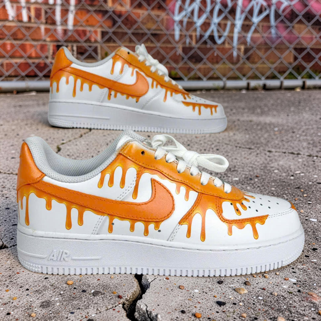 Custom Air Force 1 Orange Drip Sneakers, Hand Painted AF1 Shoes, Bold Streetwear Custom White Sneakers