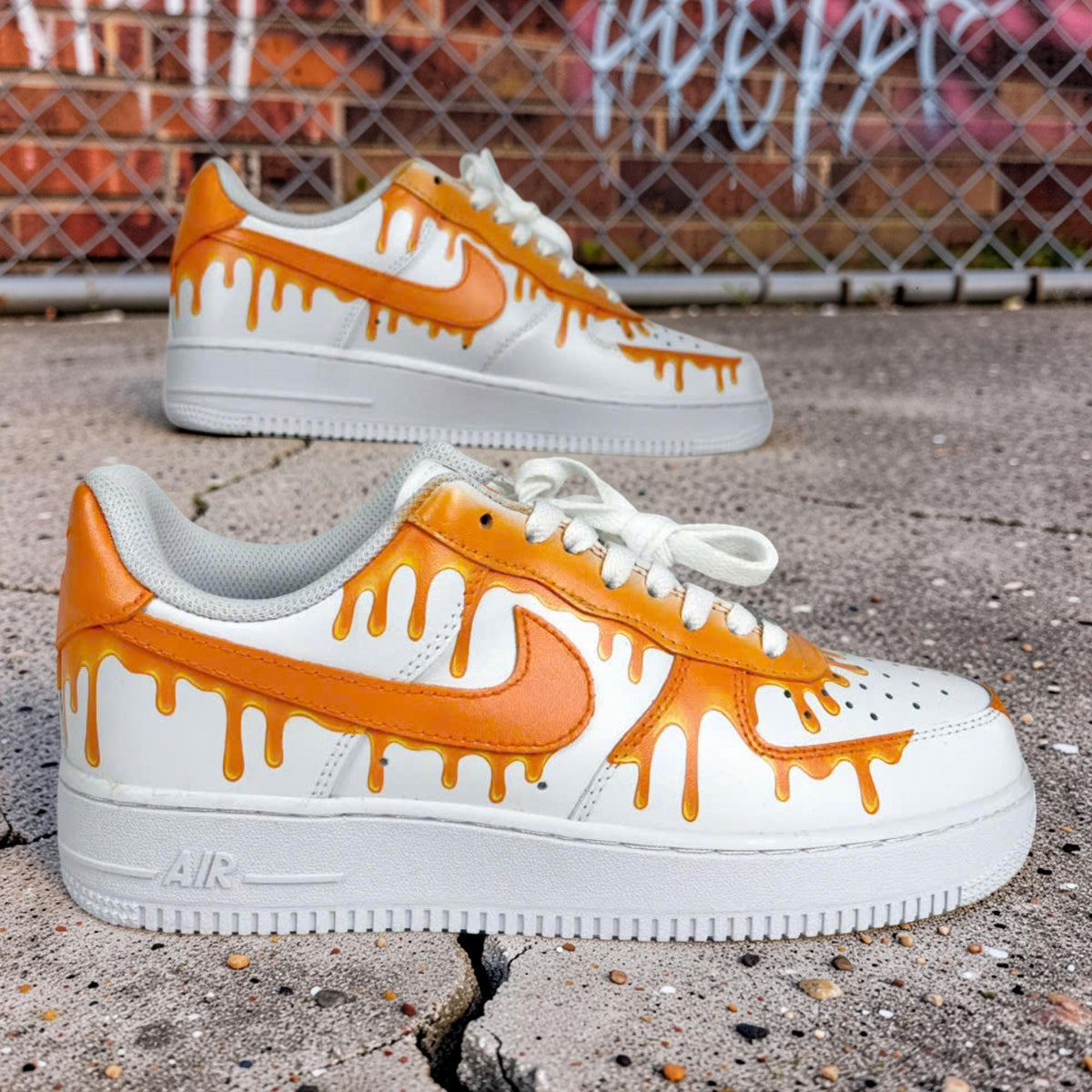 Custom Air Force 1 Orange Drip Sneakers, Hand Painted AF1 Shoes, Bold Streetwear Custom White Sneakers
