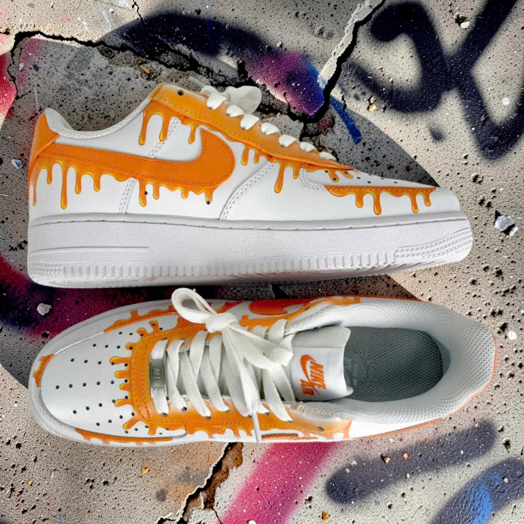 Custom Air Force 1 Orange Drip Sneakers, Hand Painted AF1 Shoes, Bold Streetwear Custom White Sneakers