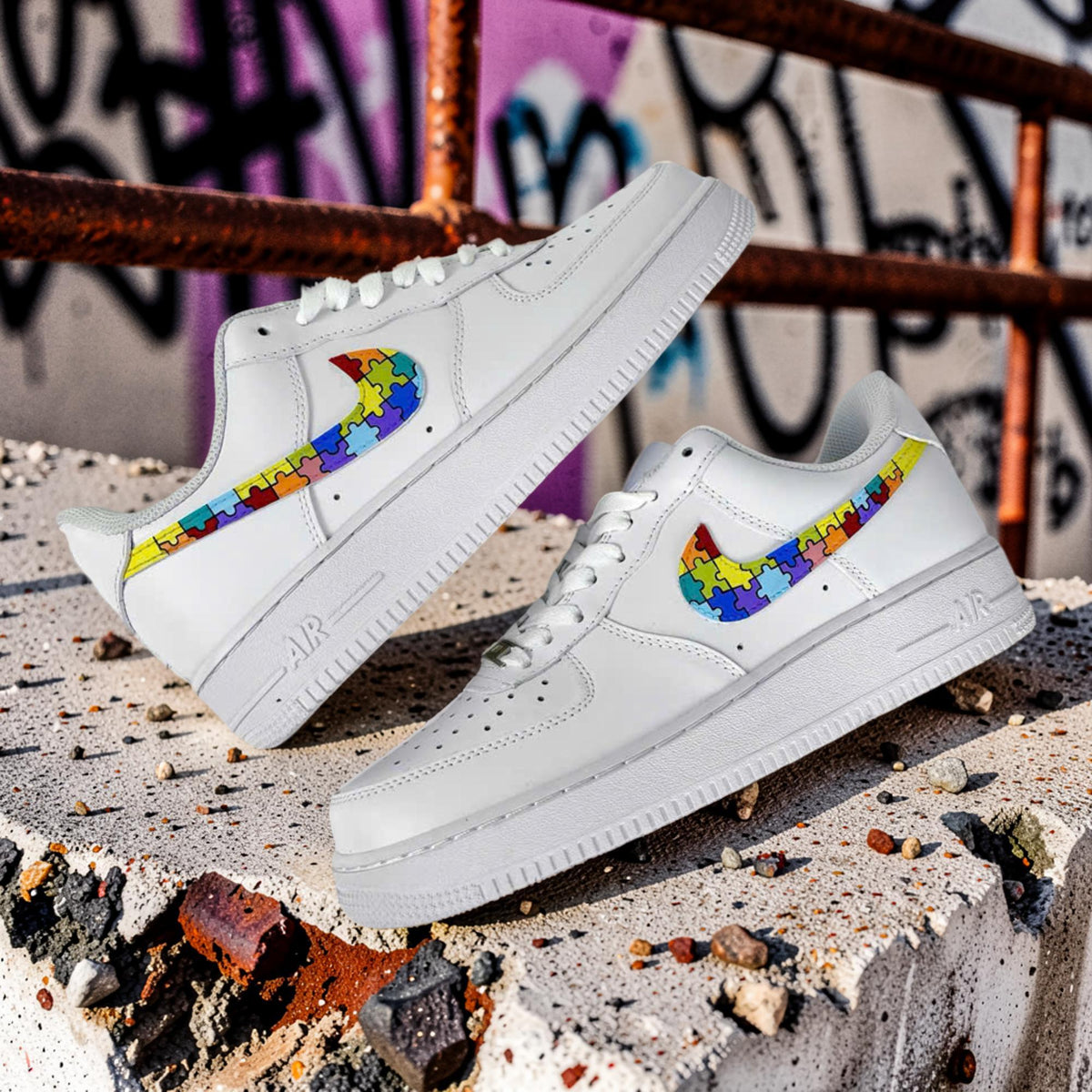 Custom Air Force 1 Puzzle Sneakers, Rainbow AF1 Shoes, Hand Painted Autism Awareness Sneakers