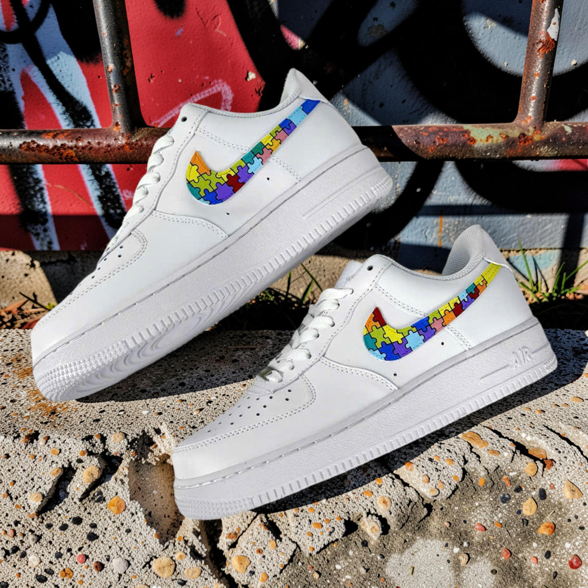Custom Air Force 1 Puzzle Sneakers, Rainbow AF1 Shoes, Hand Painted Autism Awareness Sneakers